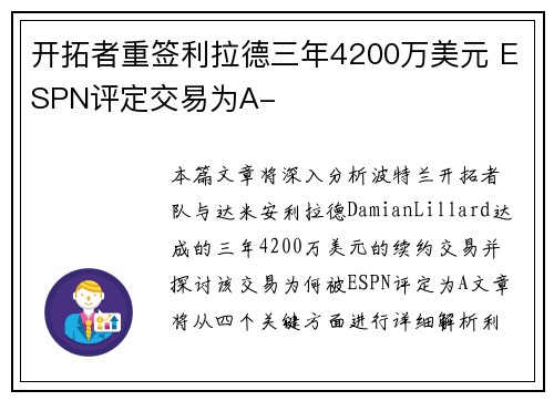 开拓者重签利拉德三年4200万美元 ESPN评定交易为A-